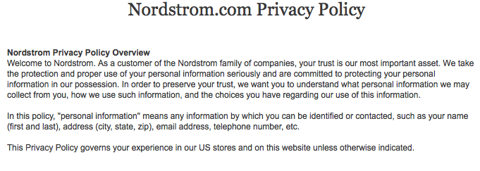 Nordstrom clearly outlines its privacy policy to build trust between buyers and itself.