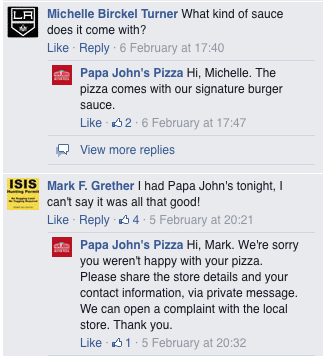 Over Facebook, Papa John's is able to respond to customer concerns in approximately 10 minutes.